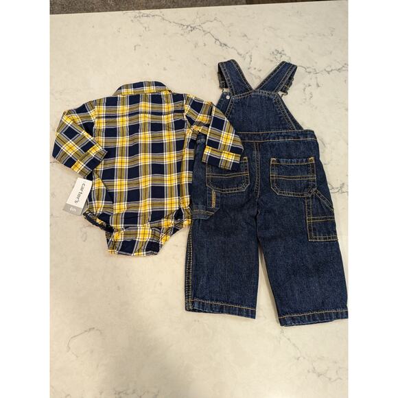 CARTER'S Boys 2 Piece Set Overalls and Yellow Blue Plaid Shirt 6 months - Picture 6 of 9